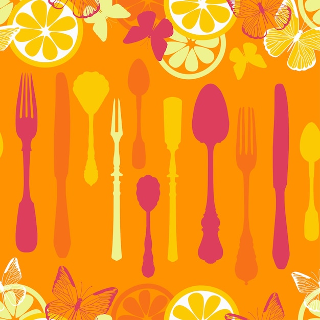 Seamless pattern with cutlery silhouettes butterflies and citrus fruits in warm colors Vector design