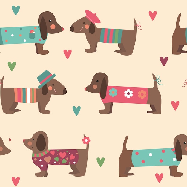 Seamless pattern with dachshunds in clothes and hearts.