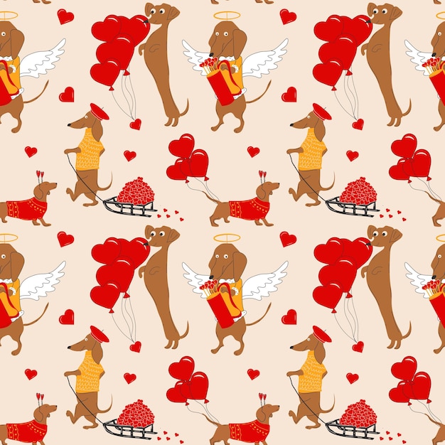 Seamless Pattern with  Dachshunds dogs pulls a hearts, valentines on a sleigh and decorate balloons