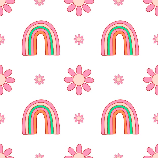 Seamless pattern with daisy and rainbow. Vector illustration. Cute positive floral wallpaper