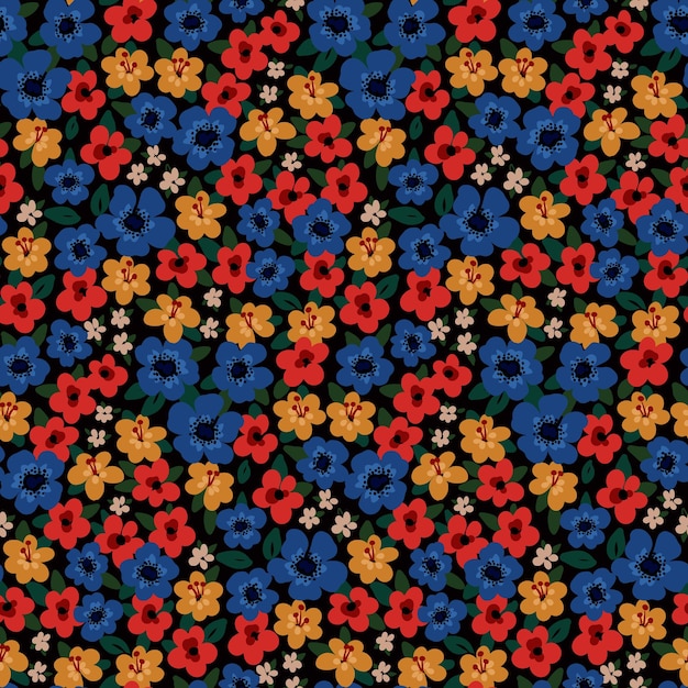 Seamless pattern with a dark bright meadow Liberty composition of various small flowers leaves on a dark background Floral print botanical background with many simple small flowers Vector design