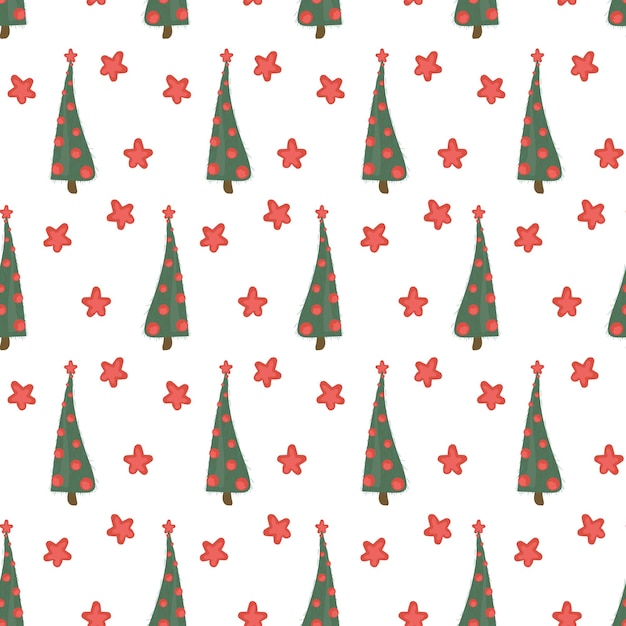 Seamless pattern with decorated christmas trees and stars vector illustration