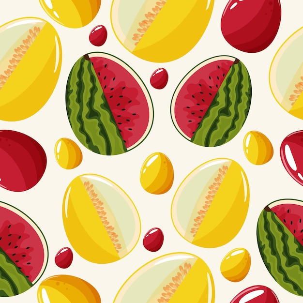 seamless pattern with decorated eggs with melon and watermelon and red yellow eggs