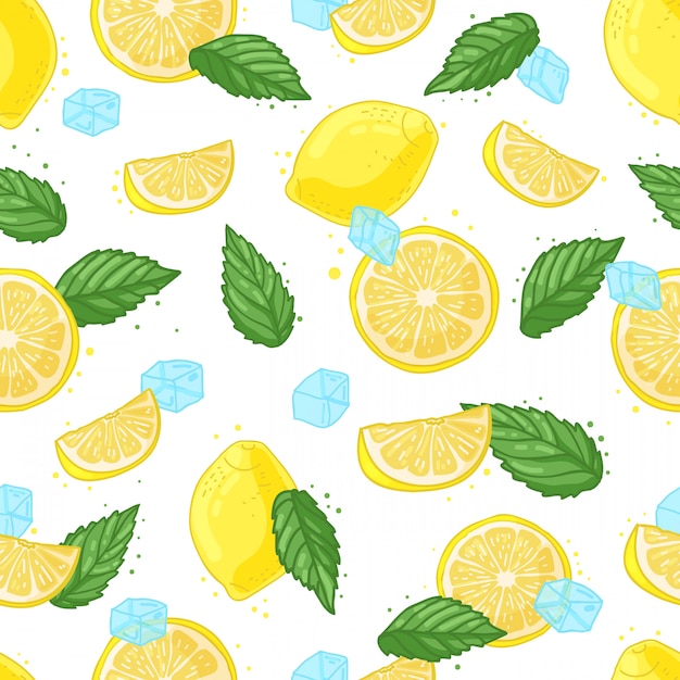 Seamless pattern with decoration of fresh lemons, lemon slices, ice and mint.