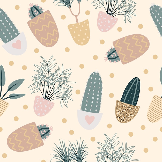 Seamless pattern with decorative houseplants. Flat colorful vector illustration with gold texture.