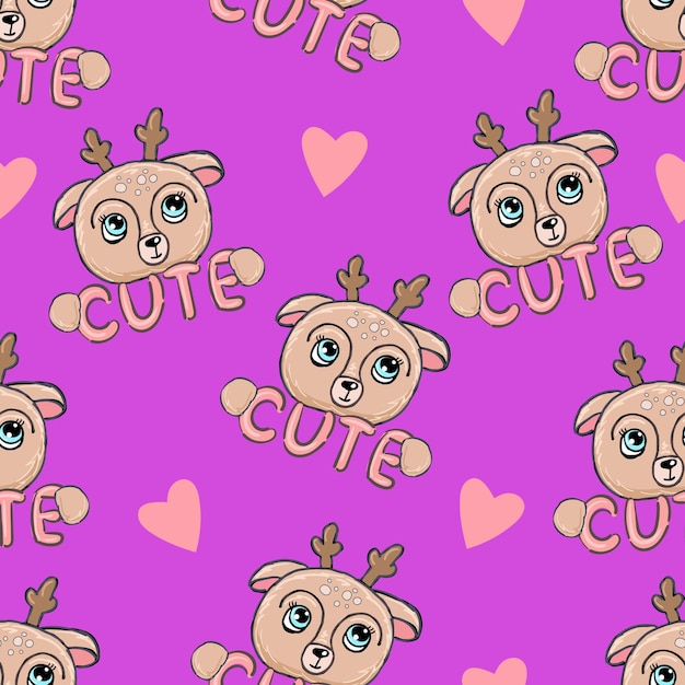 Seamless pattern with deer Cute animal face pink hearts on purple background with lettering Vector illustration