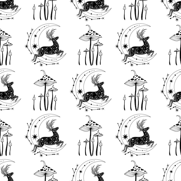 Seamless pattern with deer. Mystical pattern. Sun, stars, moon, phases of the moon. Vector.