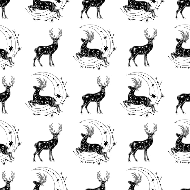 Seamless pattern with deer. Mystical pattern. Sun, stars, moon, phases of the moon. Vector.