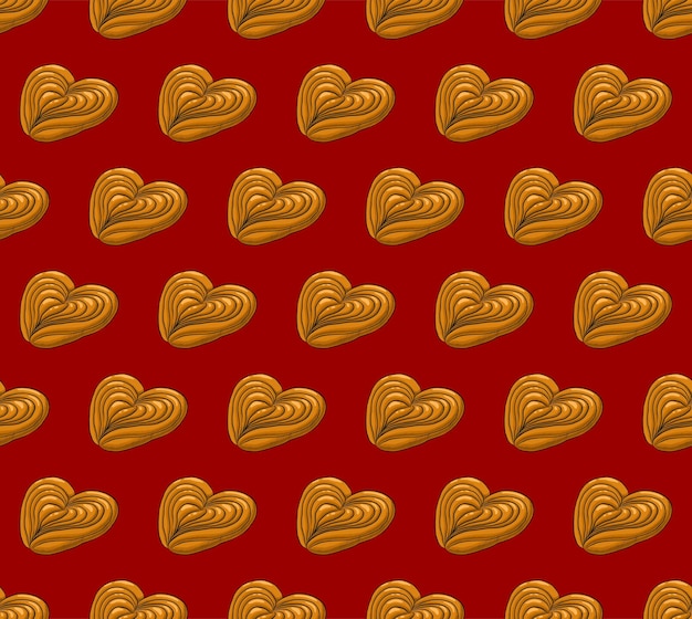 SEAMLESS PATTERN WITH DELICIOUS BUNS HEARTS ON A RED BACKGROUND IN VECTOR