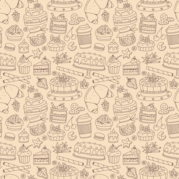 Seamless pattern with dessert pastry bakery elements Vector doodle background