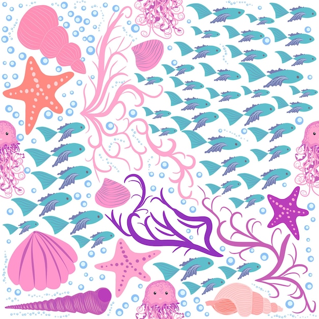 Seamless pattern with detailed transparent jellyfish Childish seamless pattern with cute hand drawn fishes and jellyfishes in doodle style Trendy nursery background