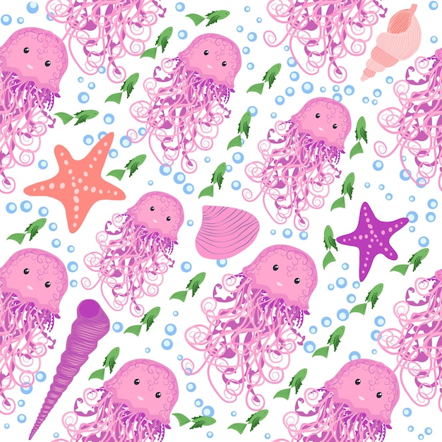 Seamless pattern with detailed transparent jellyfish Childish seamless pattern with cute hand drawn fishes and jellyfishes in doodle style Trendy nursery background