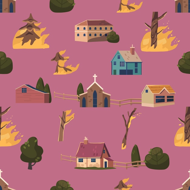 Seamless Pattern with Devastating Forest Fire Engulfs The Tranquil Countryside Consuming Trees And Homes Leaving Destruction And Despair In Fiery Wake Cartoon Vector Illustration Tile Wallpaper