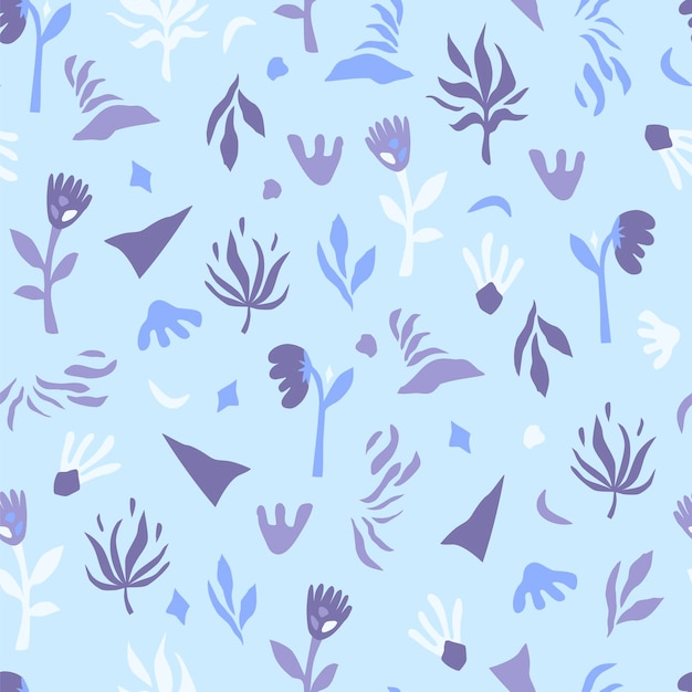 Seamless pattern with different abstract flowers in blue colors.