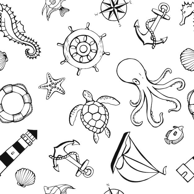 Seamless pattern with different animals and marine objects. Sea or ocean underwater life background. Concept elements. Vector illustration in hand drawn style.