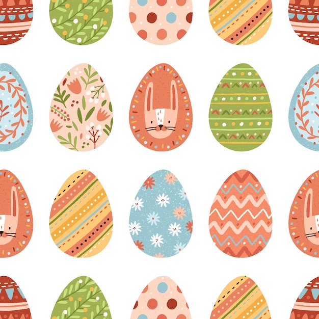 Vector seamless pattern with different colorful easter eggs on white background. repeatable spring festive texture. endless design for printing. hand-drawn colored flat vector illustration.