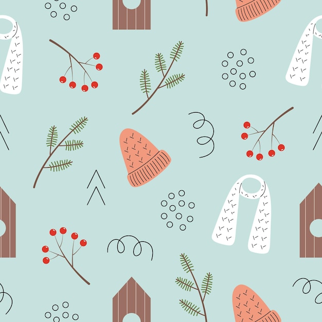 Seamless pattern with different cozy winter elements Vector illustration in pastel blue color