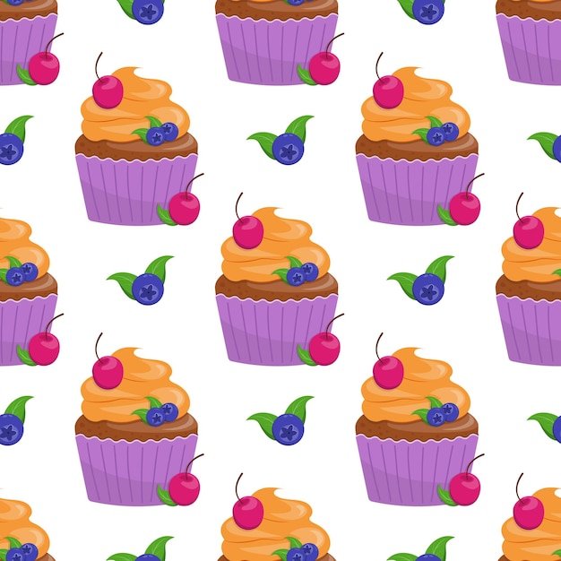 Seamless pattern with different cupcakes on a white background Sweet pastries decorated with cherry and blueberries