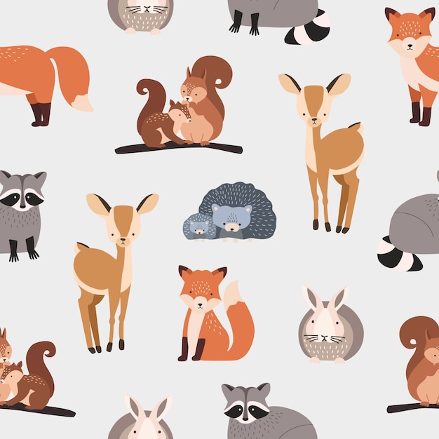 Seamless pattern with different cute cartoon forest animals