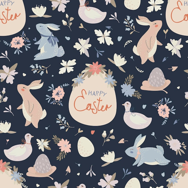 Seamless pattern with different Easter eggs and rabbit