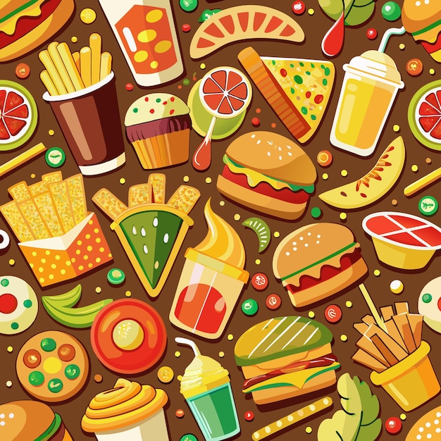 Vector seamless pattern with different fast food icons in cartoon style