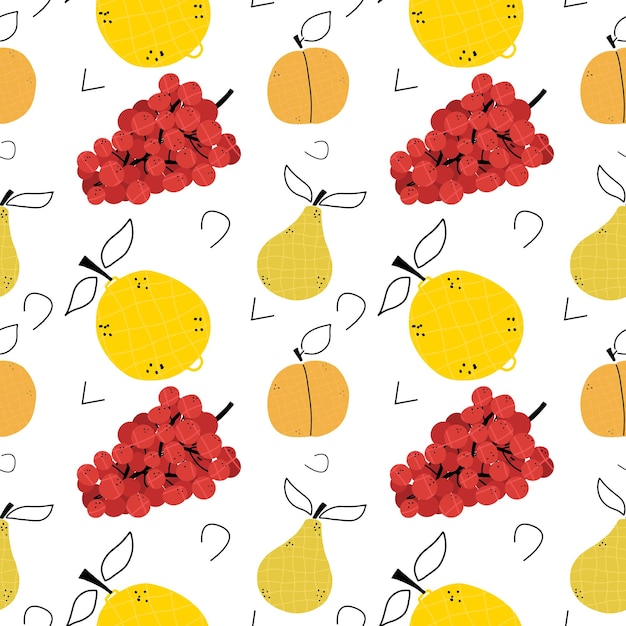 Seamless pattern with different fruits with textures Grape lemon pear Vector illustration in flat style