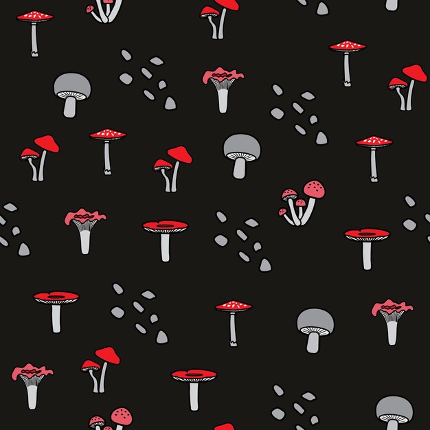 Vector seamless pattern with different red and gray mushrooms dark abstract mushroom background