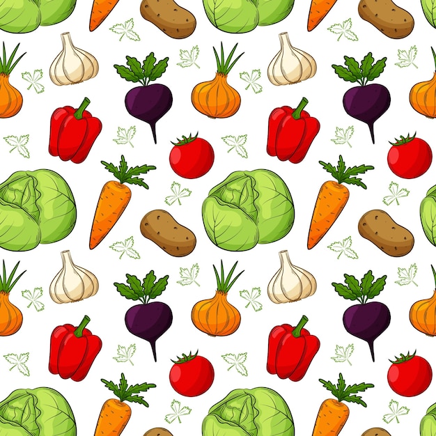 Seamless pattern with different vegetables. Colored hand-drawn linear elements with an outline are isolated on a transparent background. For the design of kitchen accessories and food packaging.