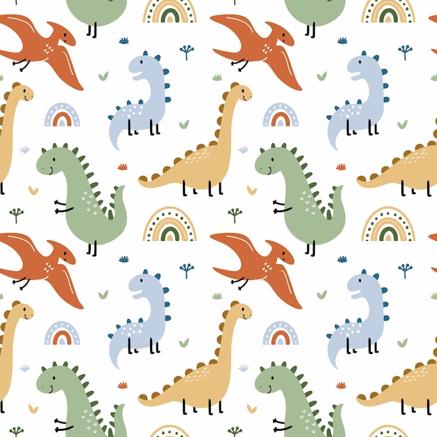 Seamless pattern with  dinosaur and pterodactyl. Prehistoric animals. Background for sewing children  clothing, printing on fabric and packaging paper.