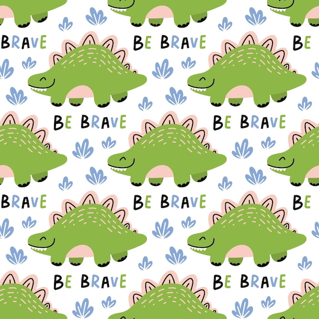 Seamless pattern with dinosaur or stegosaurus and text Be brave