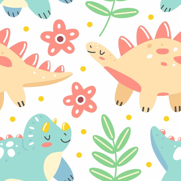 Seamless pattern with dinosaurs and leaves in a cute cartoon style