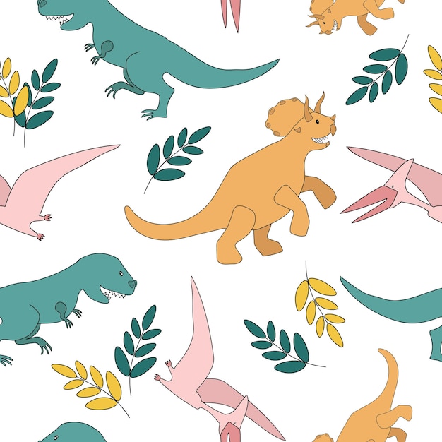 Seamless pattern with dinosaurs and leaves on white background