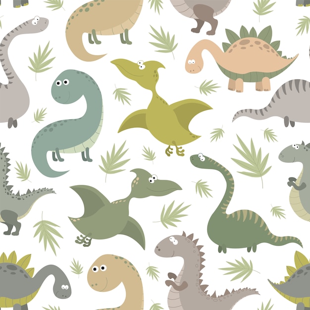 Seamless pattern with dinosaurs and tropical leaves.