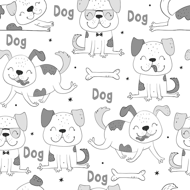 Seamless pattern with dog. Vector print with cute funny fashionable dogs. Vector illustration.