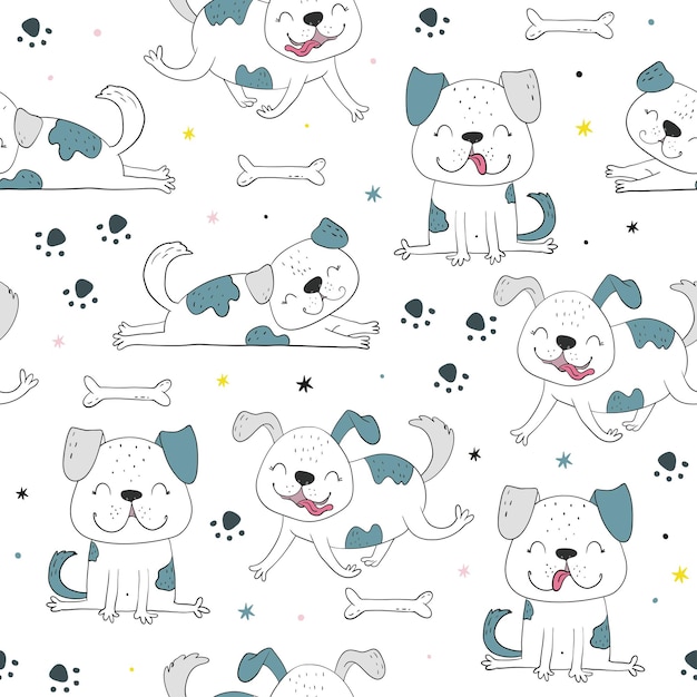 Seamless pattern with dog. Vector print with cute funny fashionable dogs. Vector illustration.