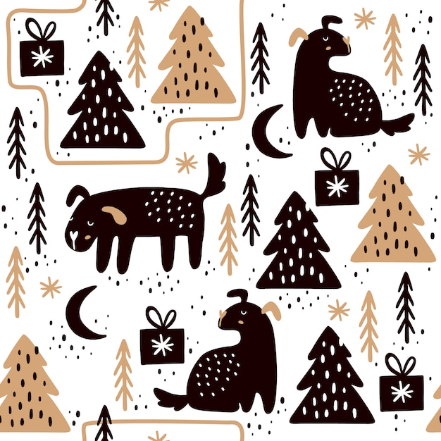 Seamless pattern with dogs and Christmas trees