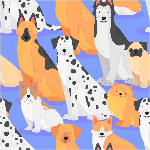 Seamless pattern with dogs of different breeds on blue background Sitting dogs in cartoon flat style