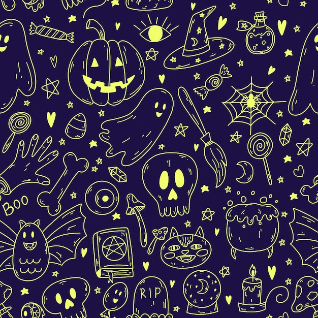 Seamless pattern with doodle cartoon Halloween objects in yellow neon color on violet background Sketch of ghost pumpkin bone poison skull spell book cat candle bat grave