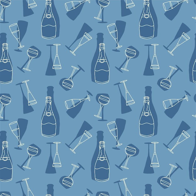 Seamless pattern with doodle champagne bottle and champagne glasses with champagne silhouettes