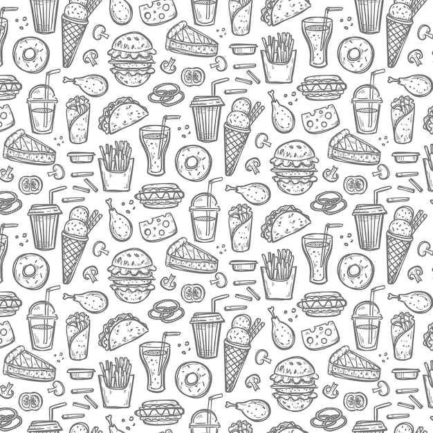 Seamless pattern with doodle fast food symbols.