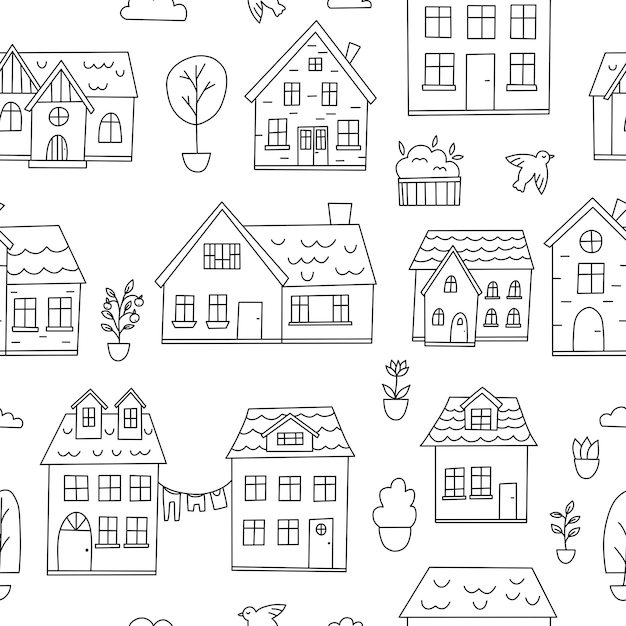 Seamless pattern with doodle houses