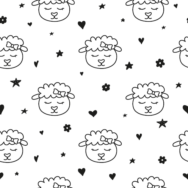 Seamless pattern with doodle sheep faces