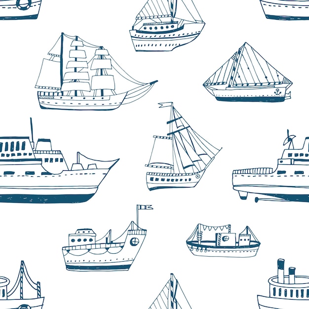 Seamless pattern with doodle ships, yachts, boats, sailing craft, sailboat, nautical vessel.