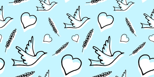 Seamless pattern with Dove, Heart and Wheat on blue background Vector illustration