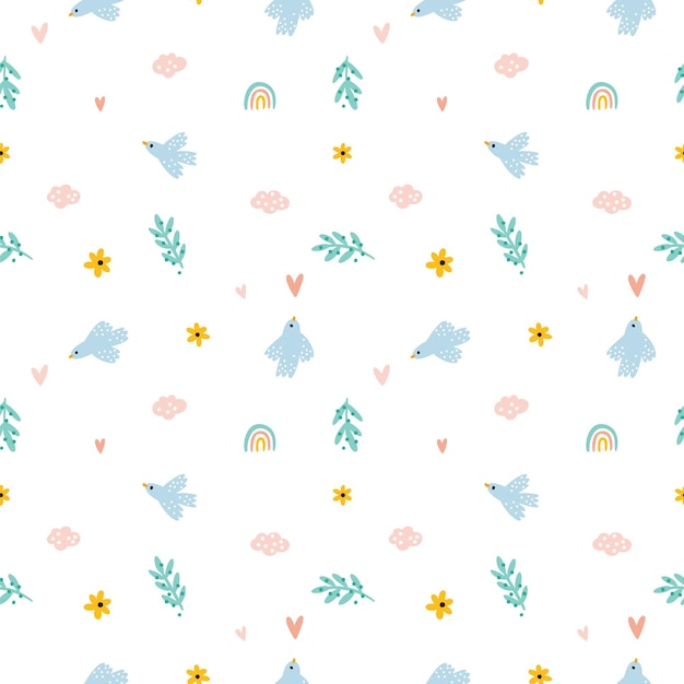 Seamless pattern with dove rainbow hearts and flowers Cute peaceful childish print with birds