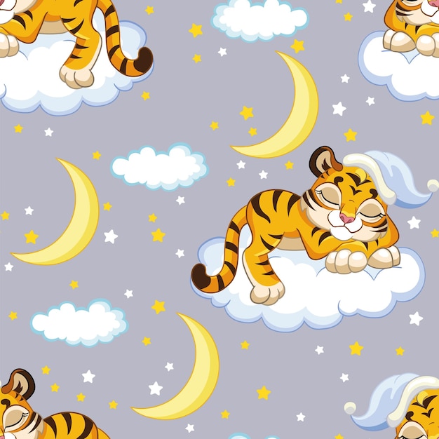 Seamless pattern with dreaming tigers vector background