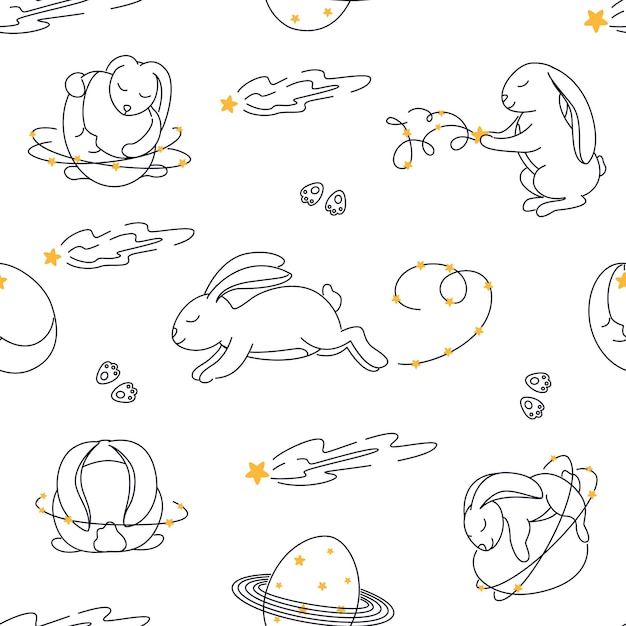 Seamless pattern with easter bunny set of bunnies with easter eggs rabbit in space