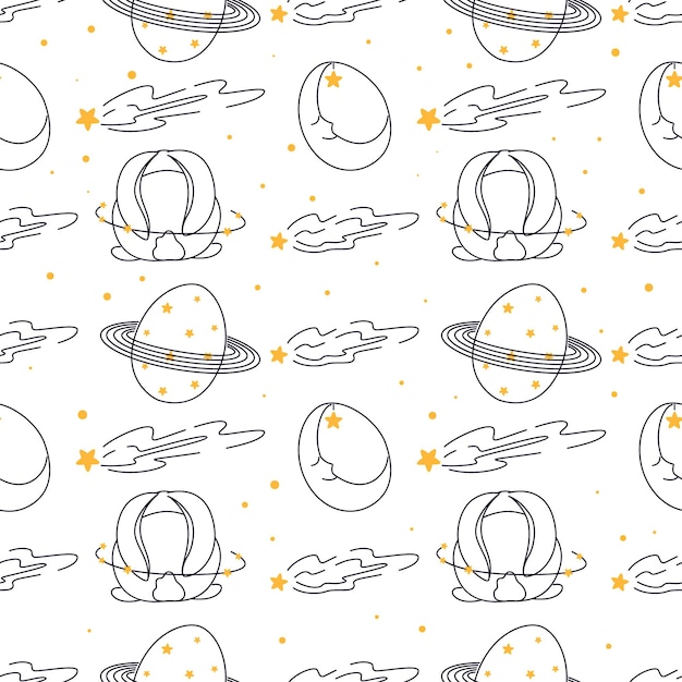 Seamless pattern with easter bunny set of bunnies with easter eggs rabbit in space