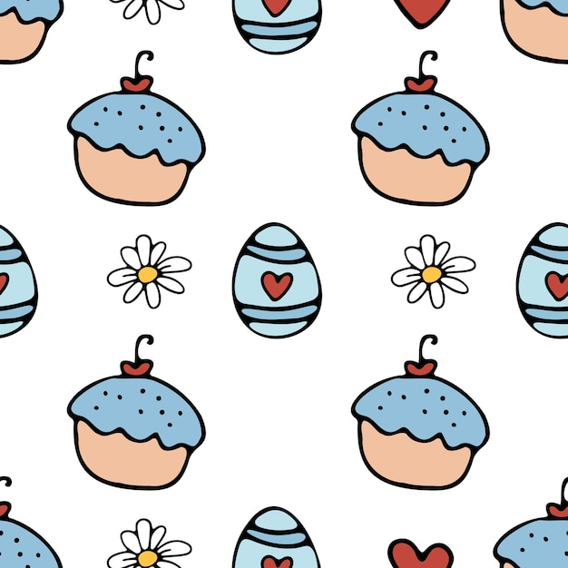 A seamless pattern with easter cupcake daisy egg and heart