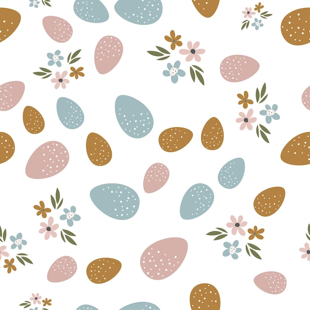 Seamless pattern with Easter eggs and flowers. Flowers, eggs, easter, spring. Textile, print, spring